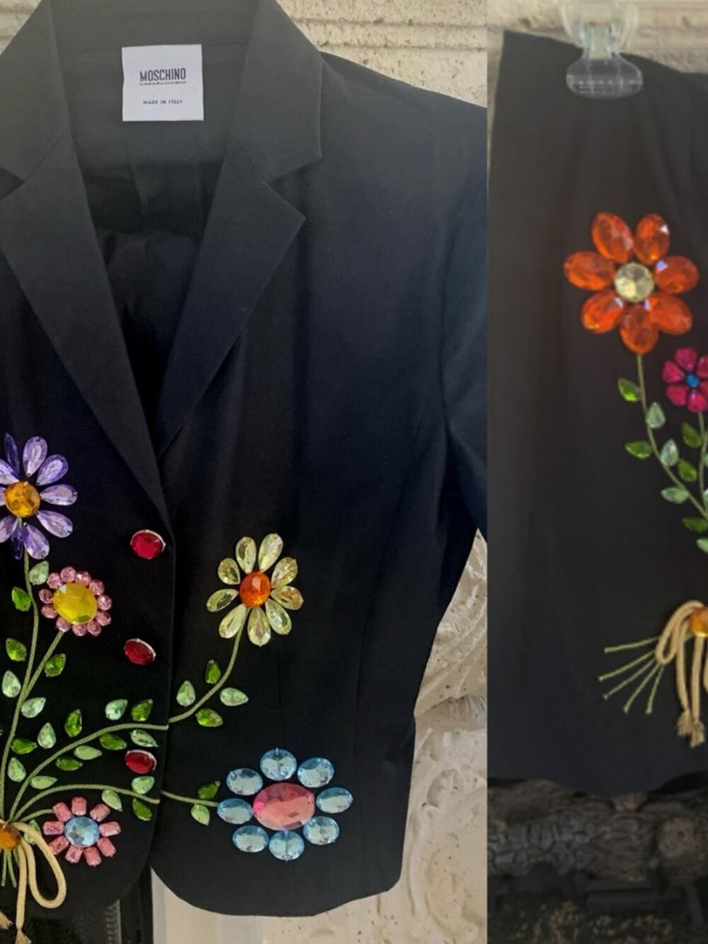 MOSCHINO VINTAGE BLACK JACKET SKIRT SUIT COLORED GEMS FLOWERS STEMS USA 8 10 - Picture 2 of 16